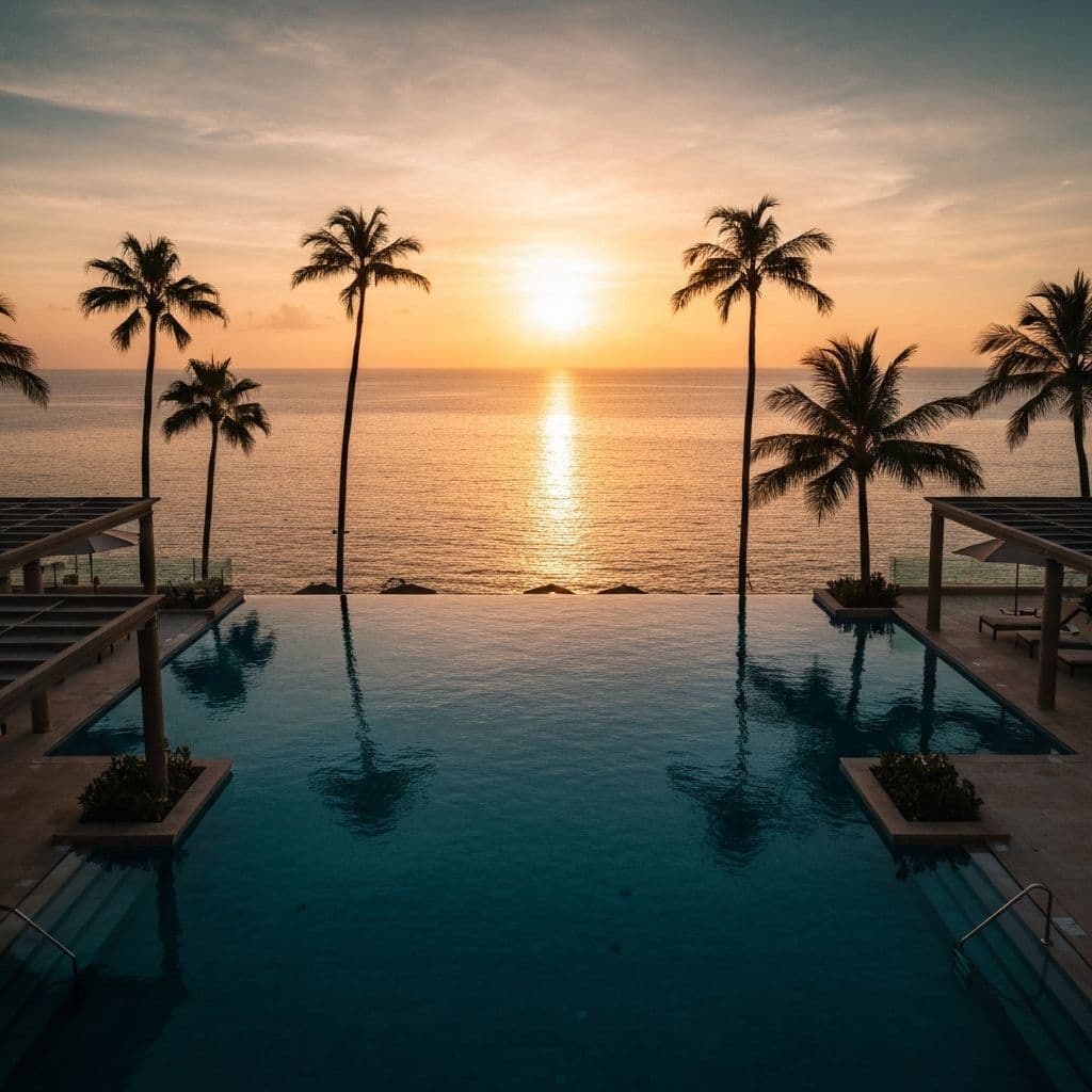 Luxury resort pool overlooking the ocean at sunset